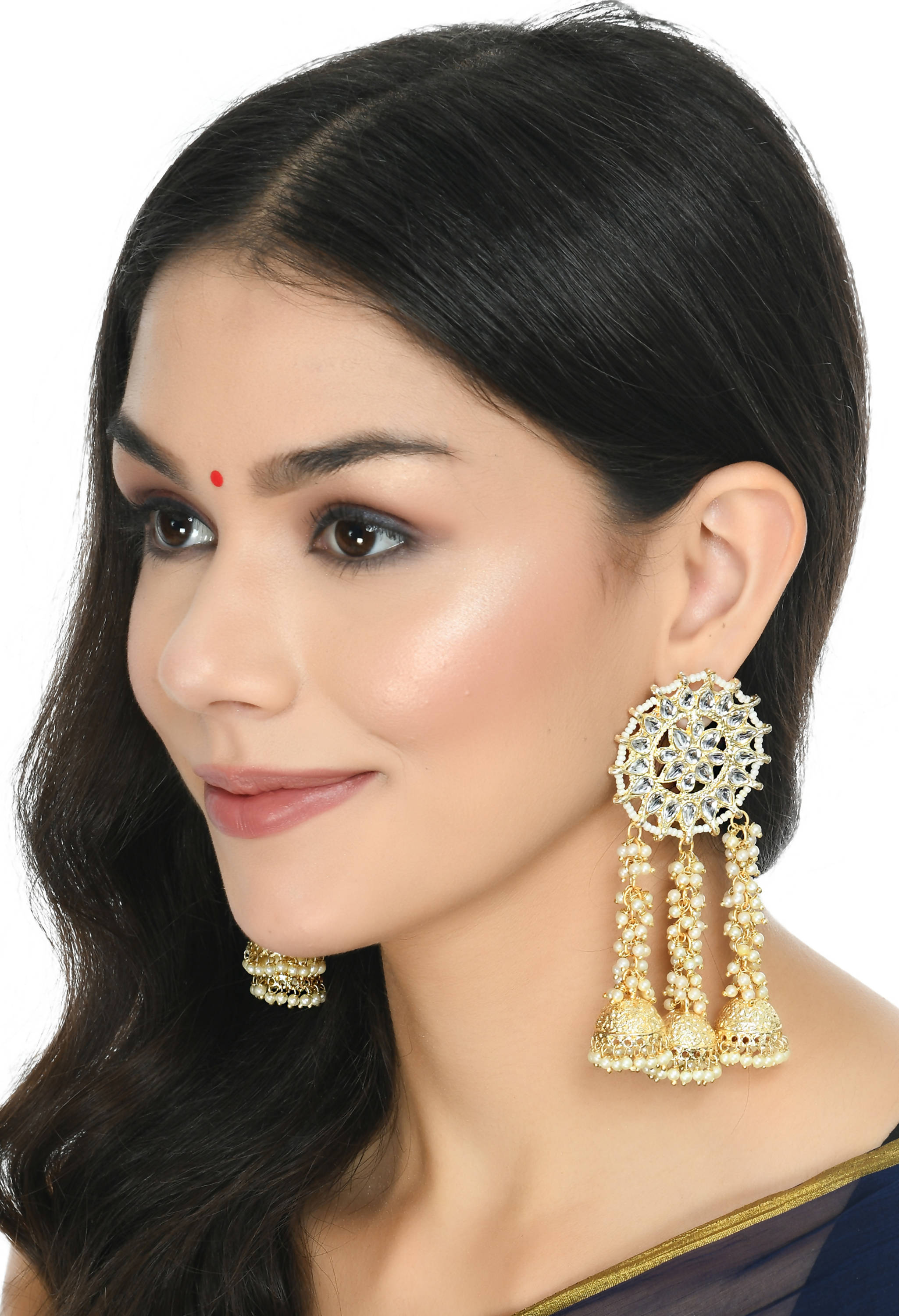 Johar Kamal Golden Plated Earrings with Kundan and Pearls