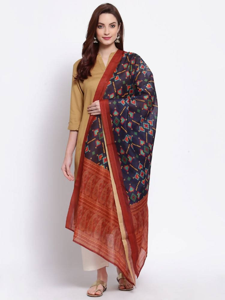 Women's Printed Cotton Silk Dupatta in Navy Blue and Rust Orange