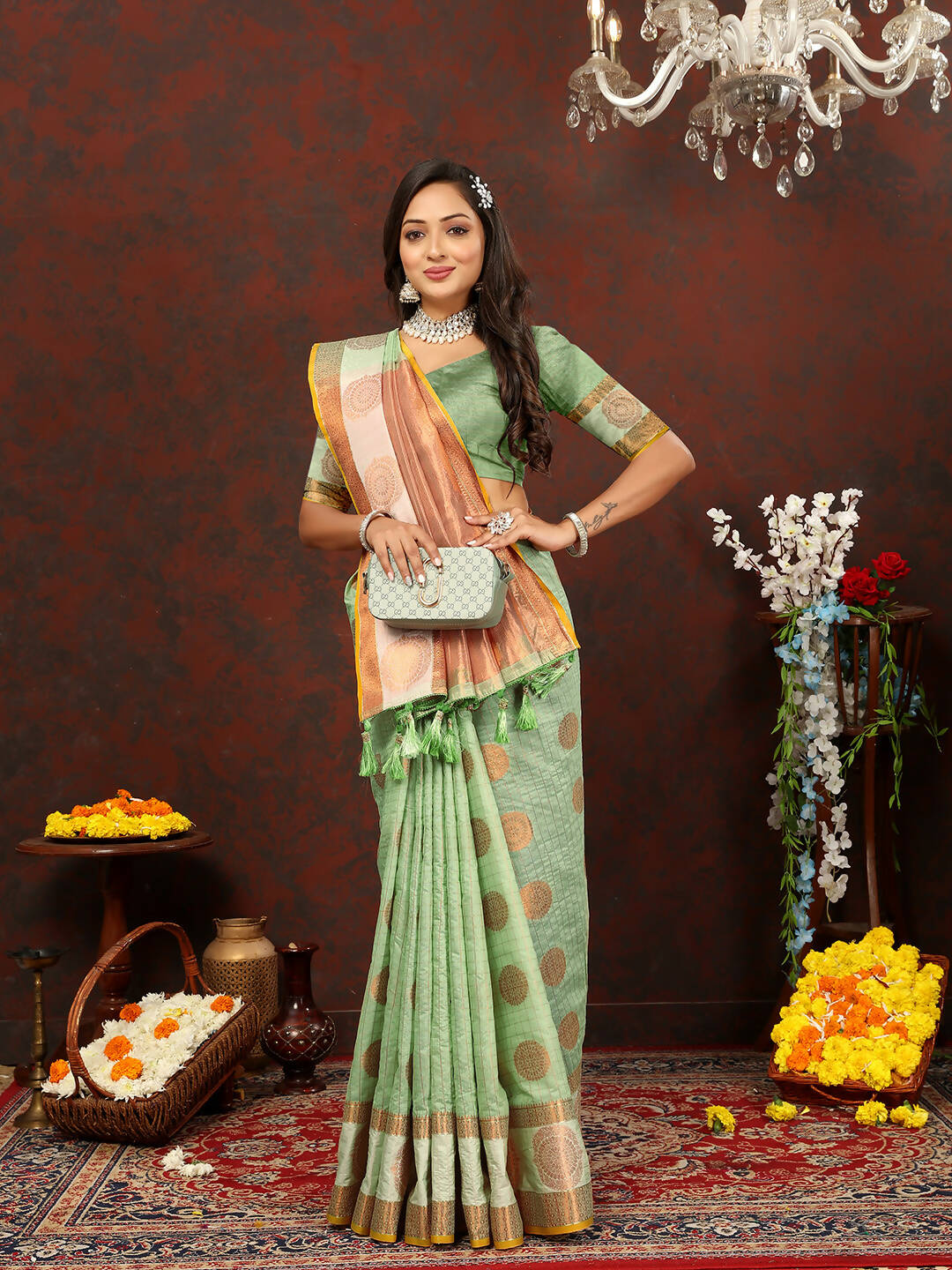 Seagreen Cotton Saree with Metallic Gold Zari Weaving and Tassels