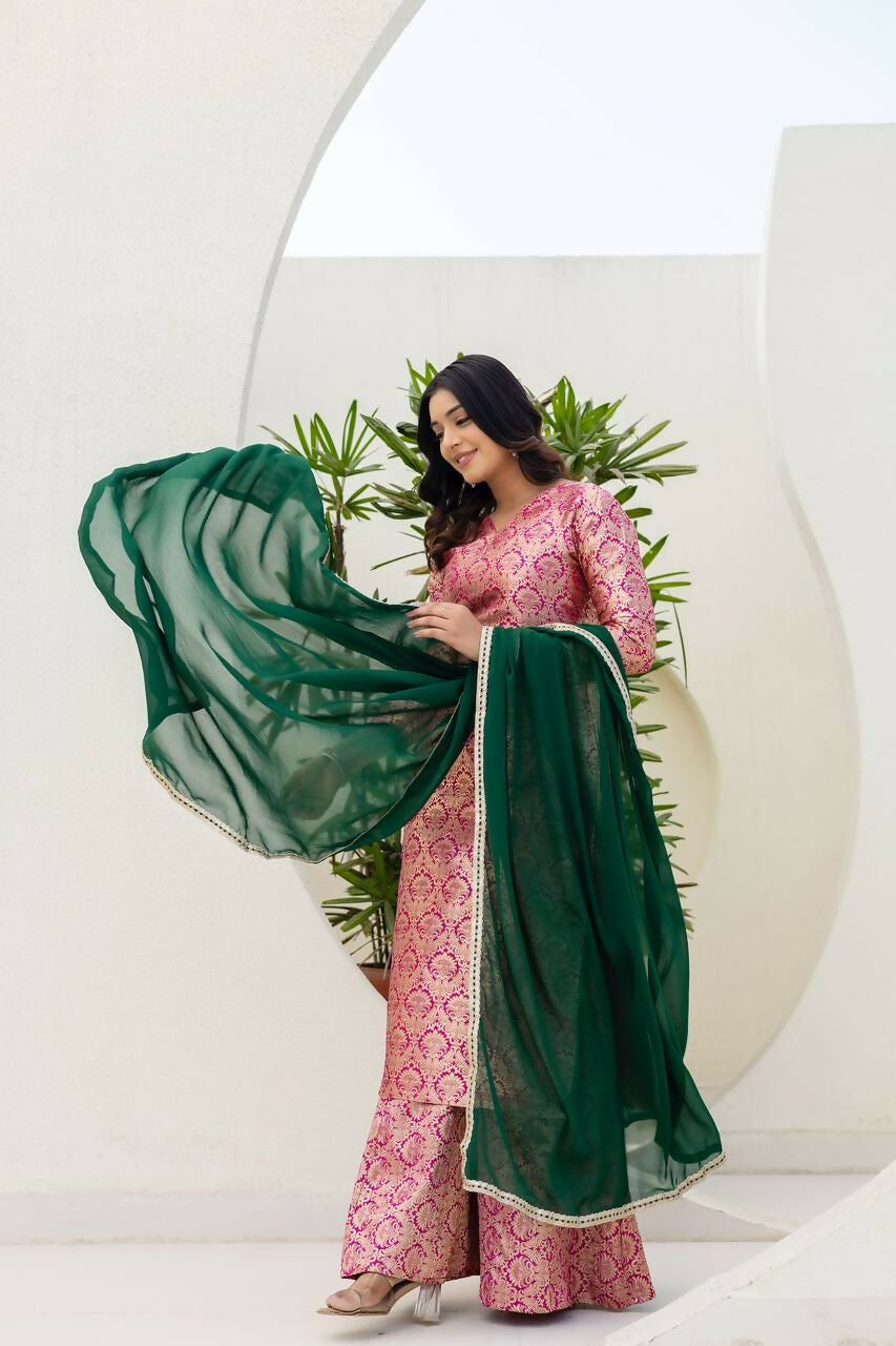 Pink Jacquard Embroidered Sharara Set with Matching Kurti & Pant