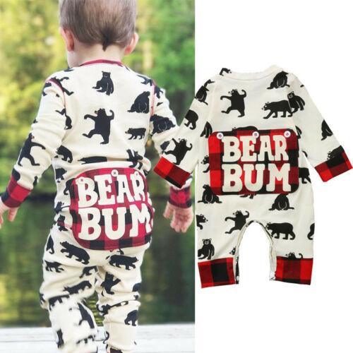 Newborn unisex long sleeve cotton romper with bear print and red-black buffalo plaid accents