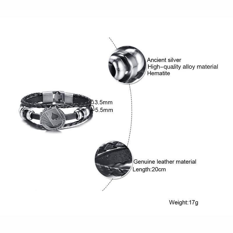 Vintage Men's Leather Playing Card Charm Multilayer Bracelet