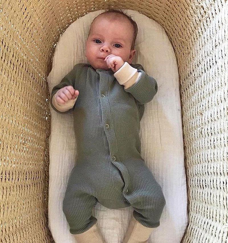 Retro Long Sleeve Baby Romper with Button Closure