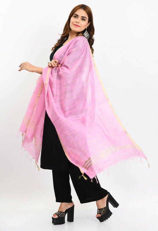 Baby Pink Cotton Slub Dupatta with Elegant Zari Box Pattern