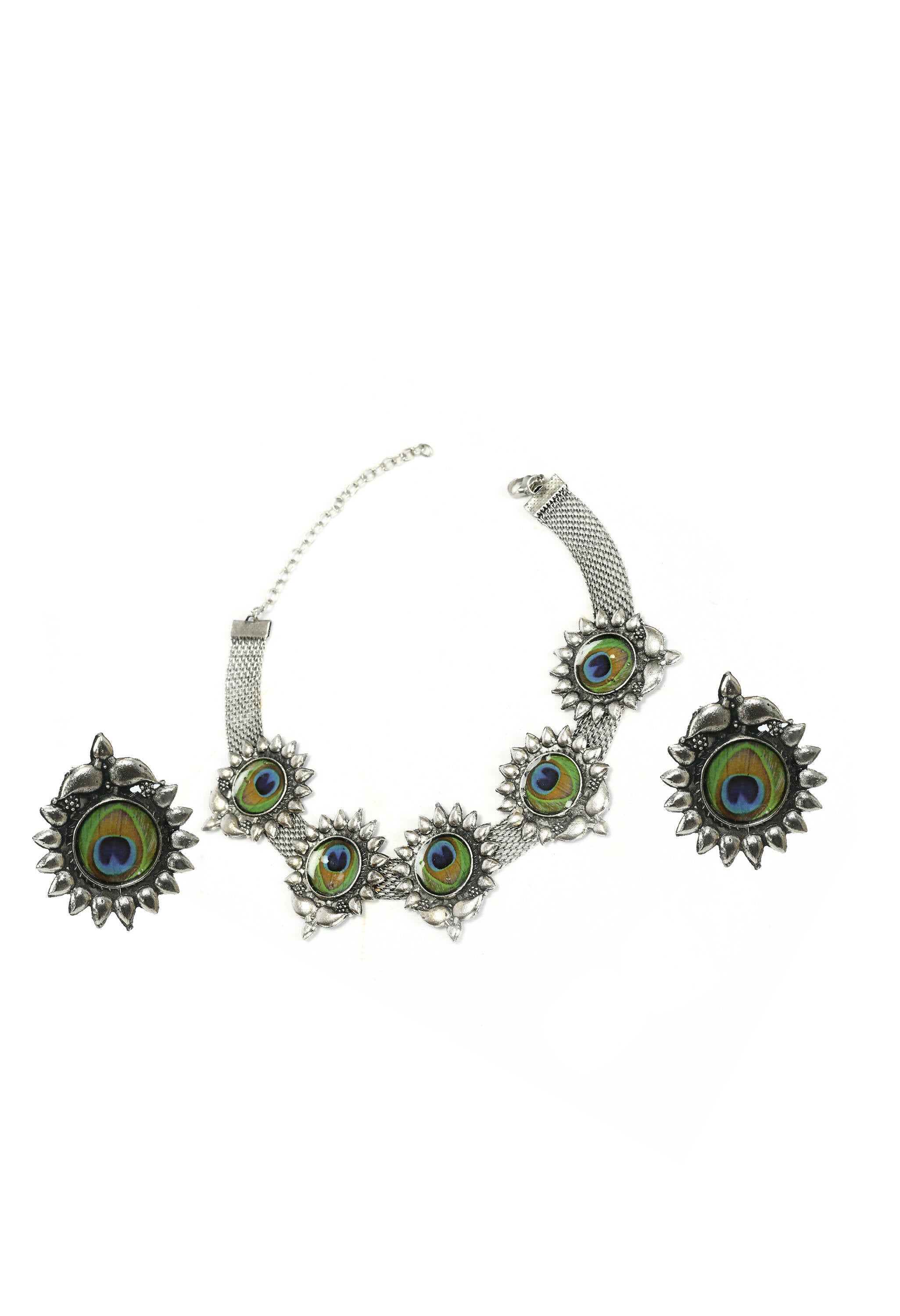 Oxidised silver-plated choker with peacock wing motifs