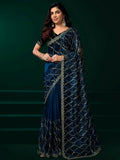 Navy blue net saree with black velvet blouse for party wear