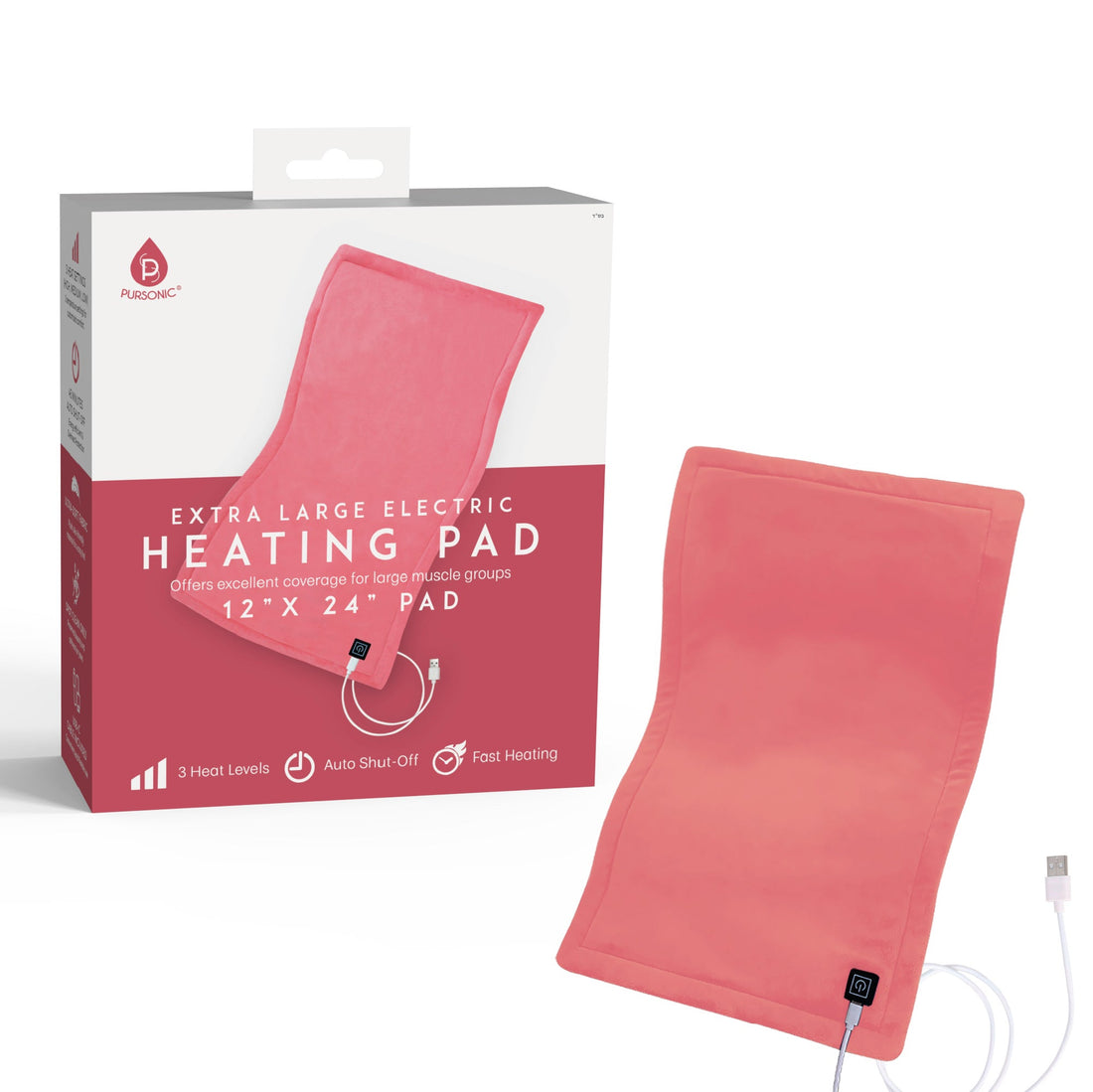 Pursonic Large Electric Heating Pad with USB-C – 12"x24", Ultra Soft Fabric, 3 Heat Settings, Auto Shut-Off