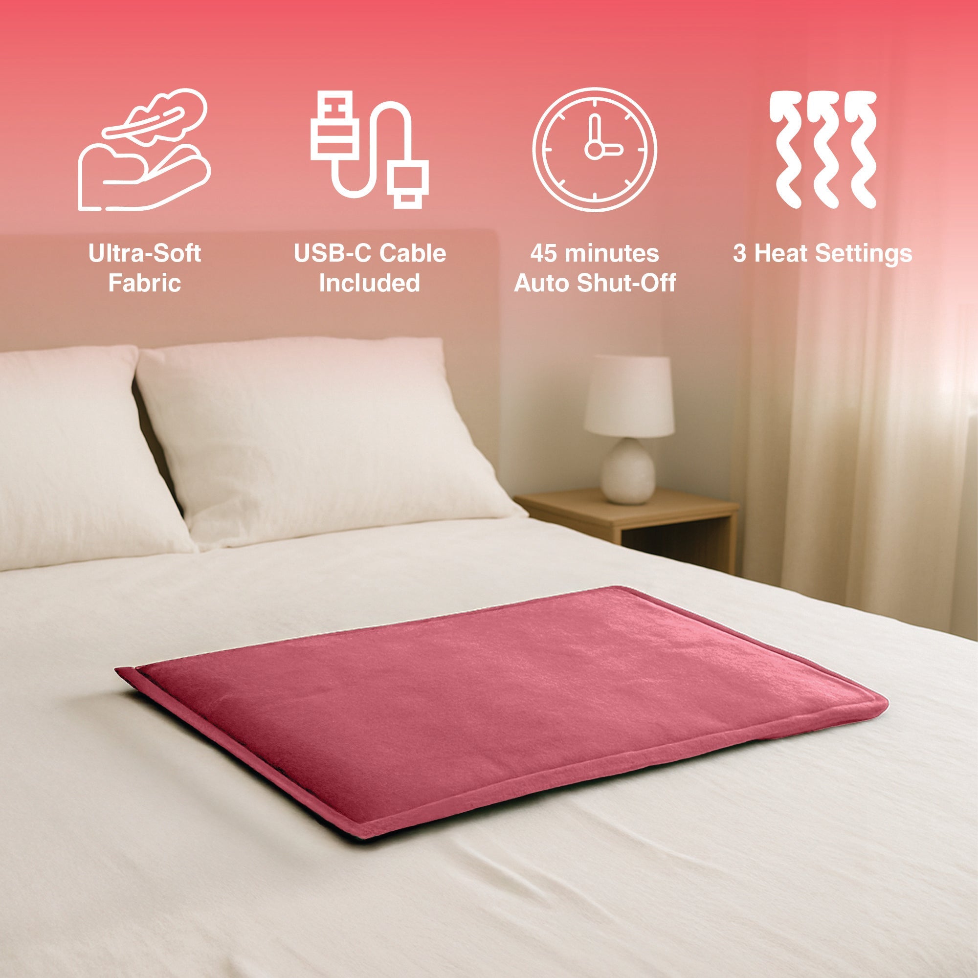 Pursonic Large Electric Heating Pad with USB-C – 12"x24", Ultra Soft Fabric, 3 Heat Settings, Auto Shut-Off