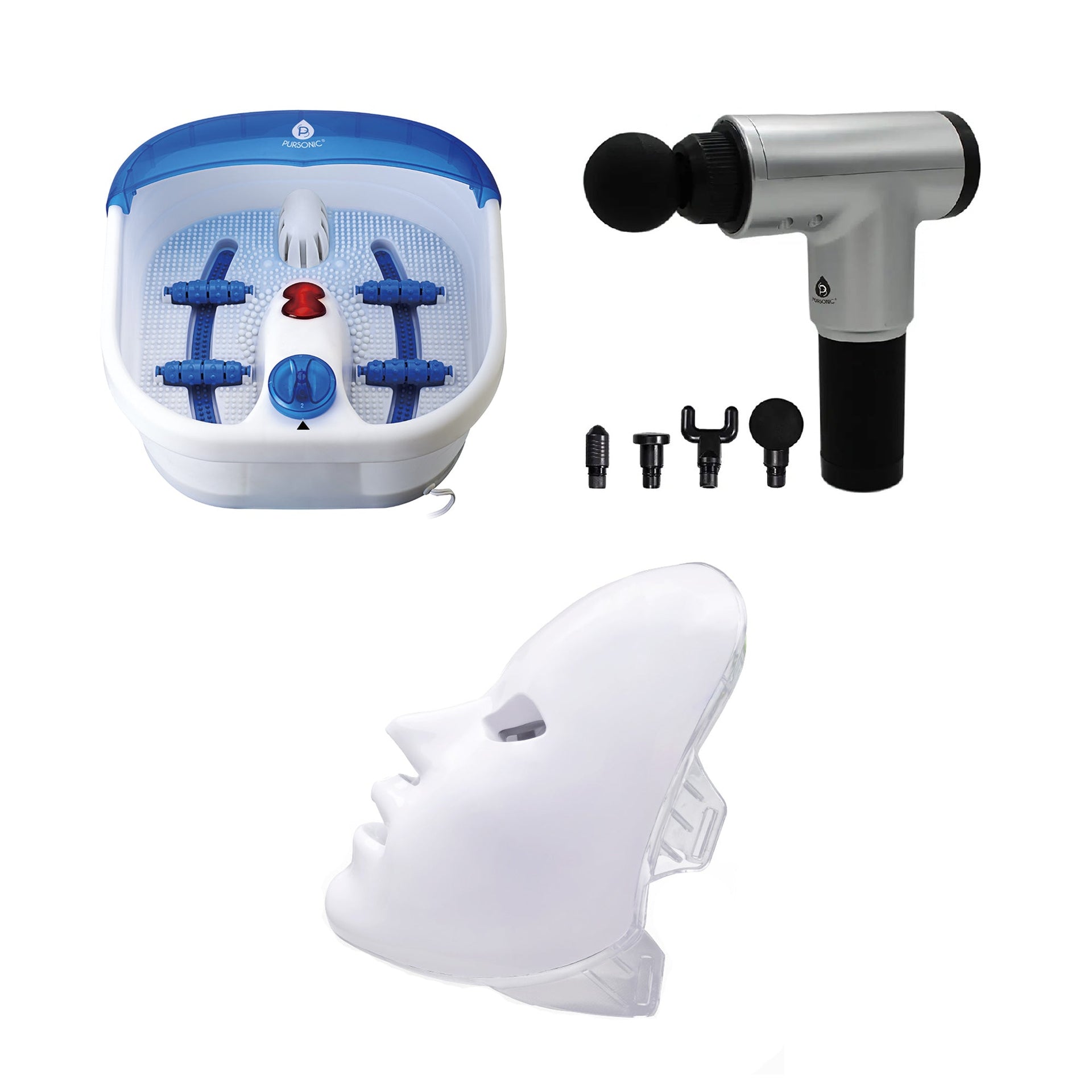 Total Self-Care System – Heated Foot Spa, Percussion Massage Gun & 7-Color LED Beauty Mask