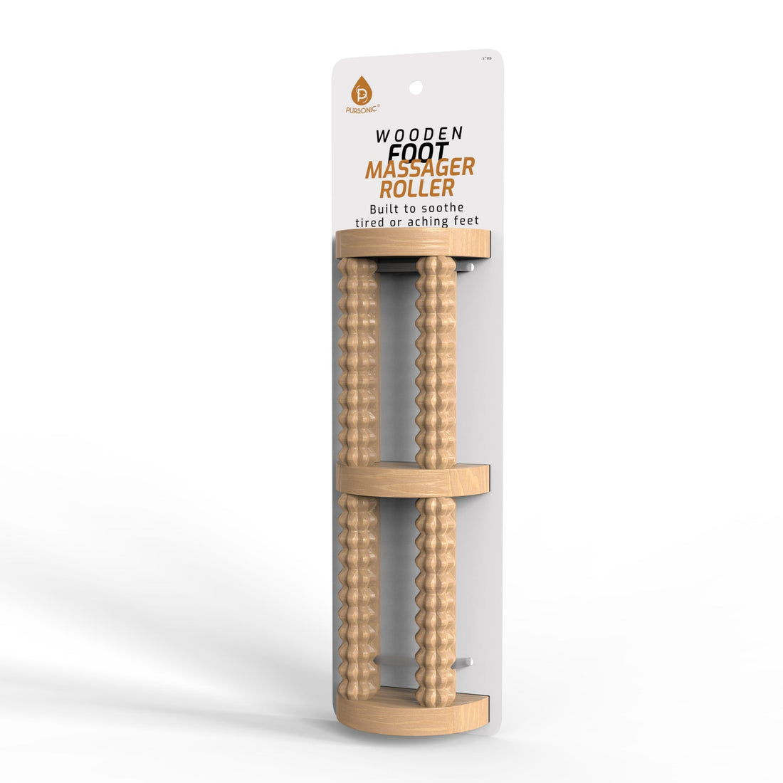 Wooden foot massager with dual textured rollers on a retail backing card