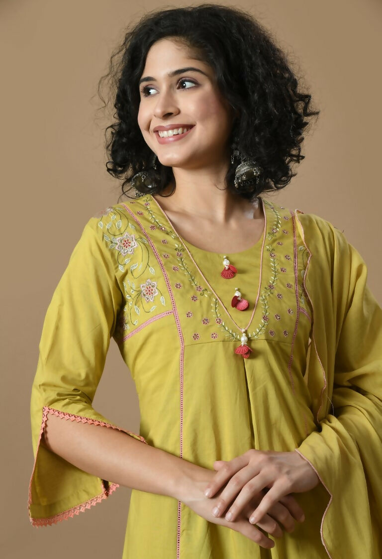 Mehendi Cotton Kurta Set with Organza Dupatta - 3-Piece Set