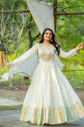 Joban Fashion White Chinnon Silk Sequence Embroidery Work Readymade Kurta Set