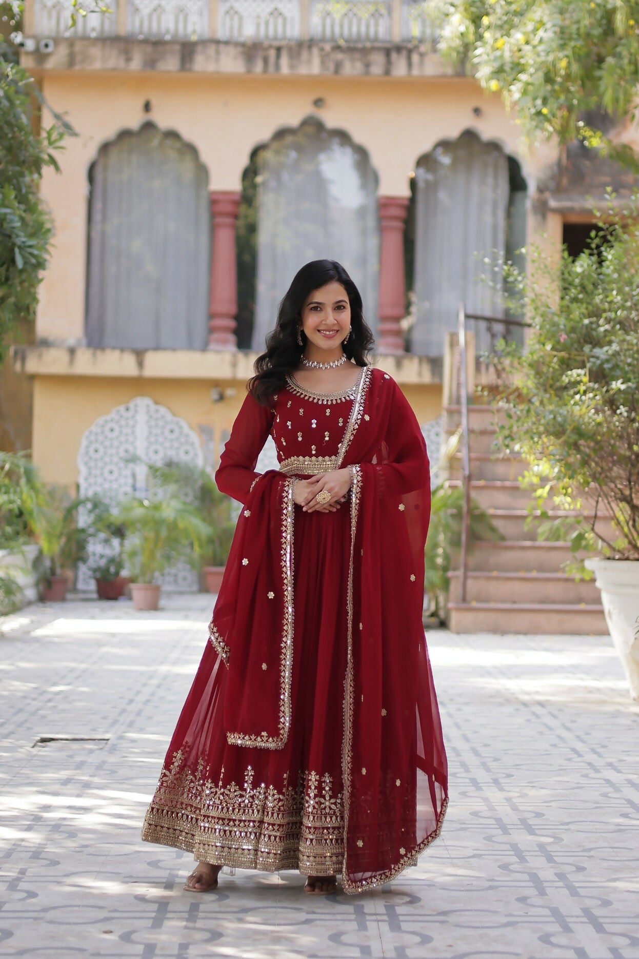 Maroon georgette kurta set with sequence embroidery and cotton inner lining