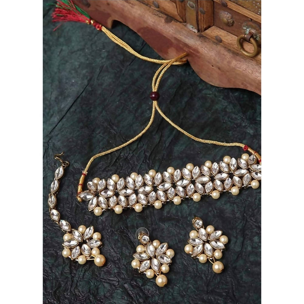 Gold-Polished Necklace Set with Pearls and Stone Accents