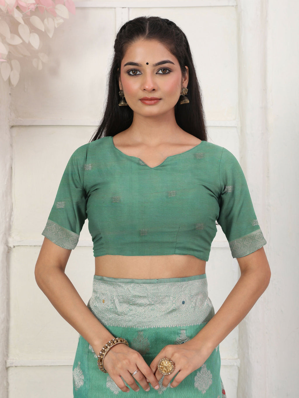 Rama Green Linen Cotton Saree with Matching Blouse
