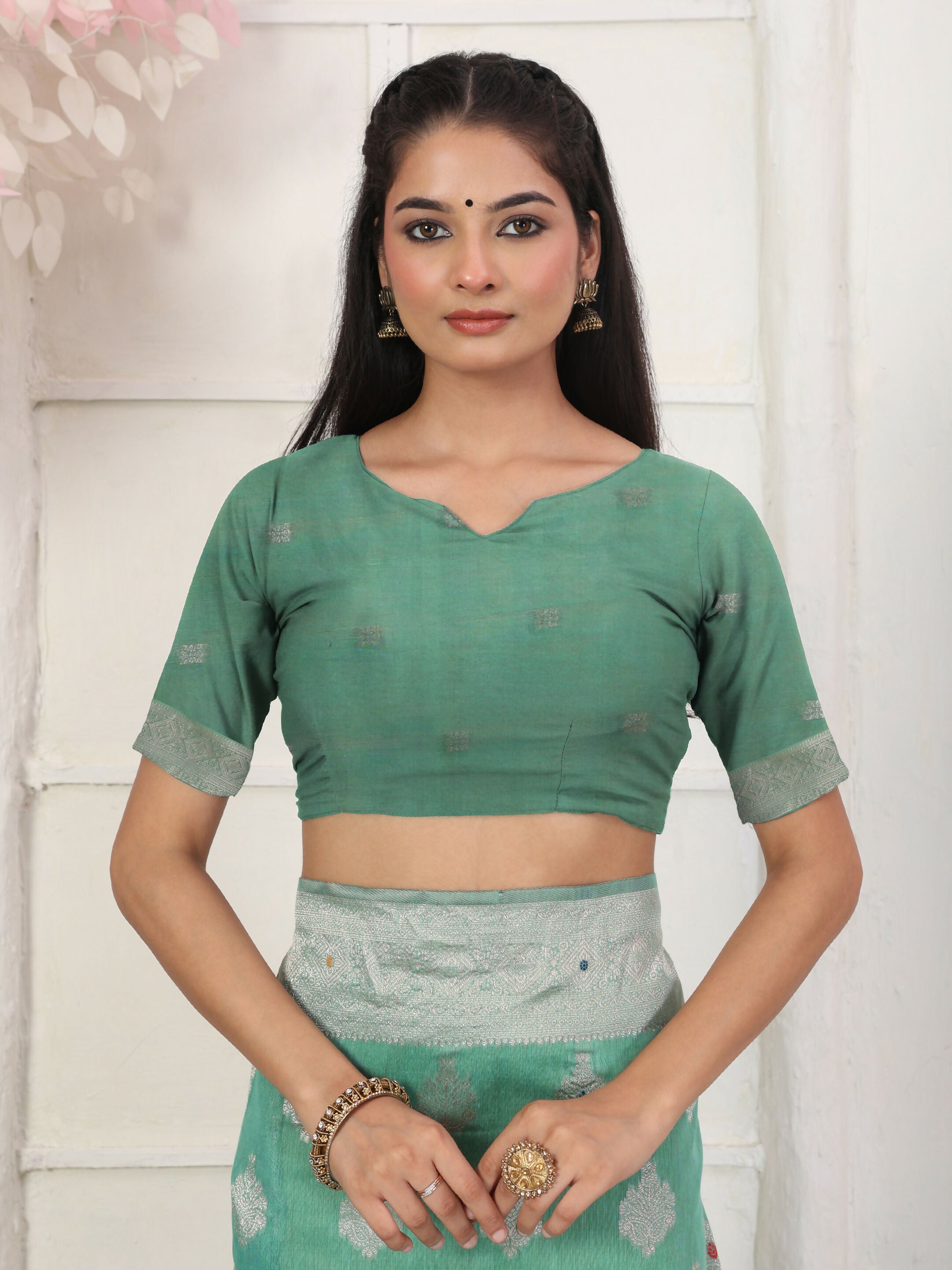 Rama Green Linen Cotton Saree with Matching Blouse