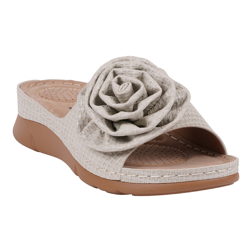 Women's Honey grey flat sandals with a decorative flower rosette accent.