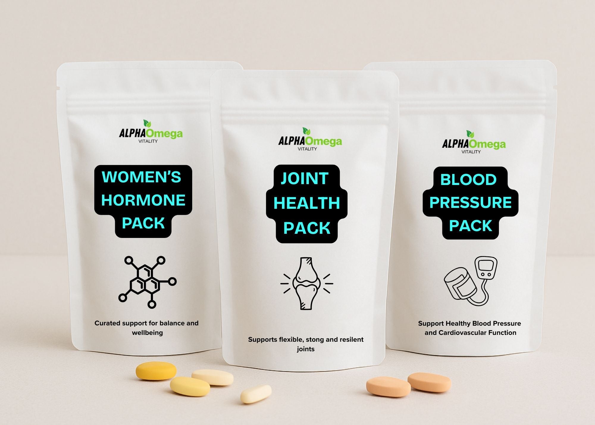 Three Alpha Omega health pack pouches on a beige background with visible pills.