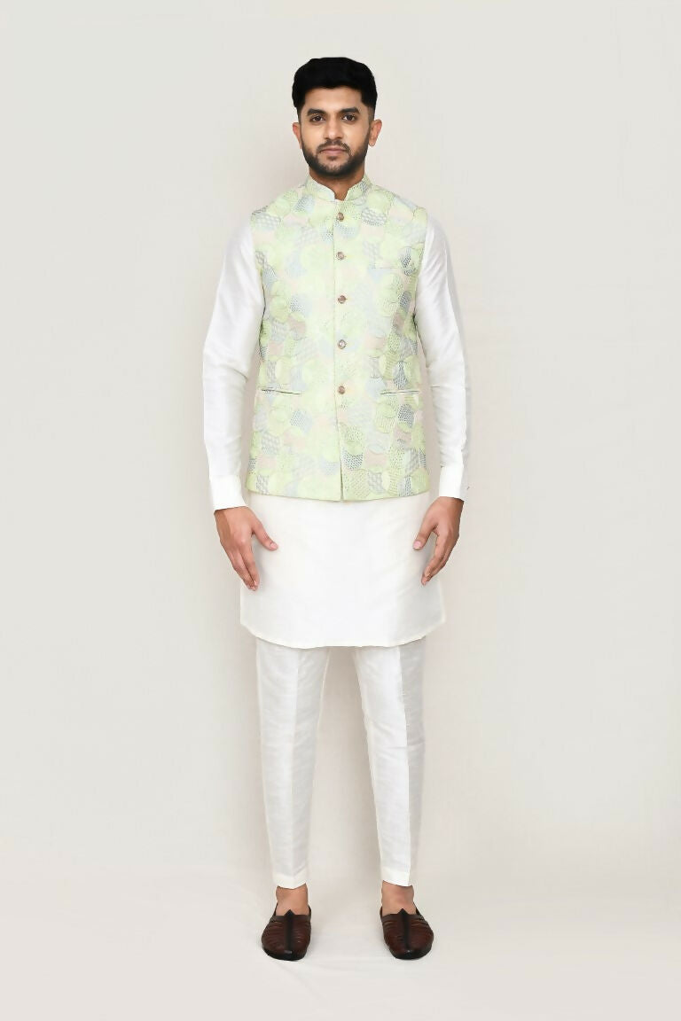 Men's Green Art Silk Embroidered Ethnic Jacket for Weddings
