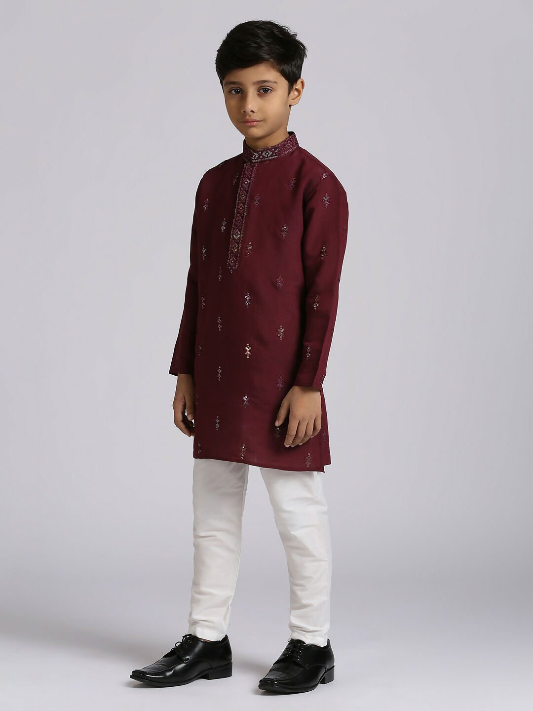 Boys Wine Silk Kurta and Pyjama Set with Sequence Embroidery