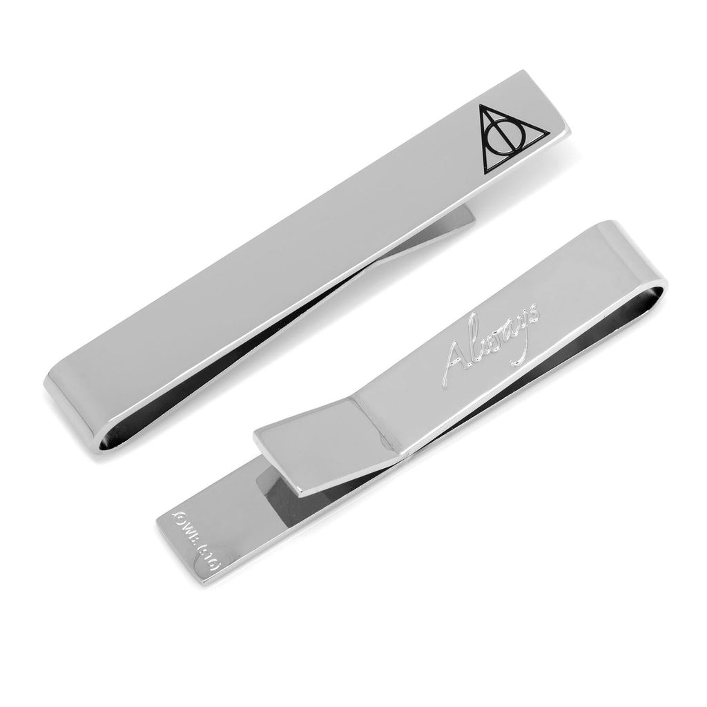 Silver Harry Potter Deathly Hallows tie bar featuring the Always message engraved on the back side.