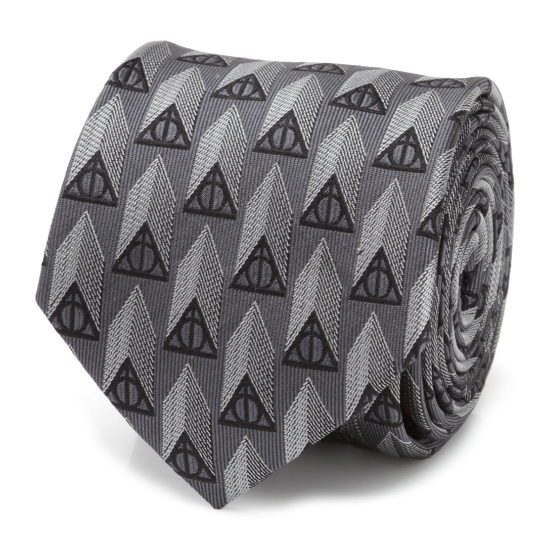 Close up of a gray silk necktie featuring a repeating black Deathly Hallows symbol pattern.