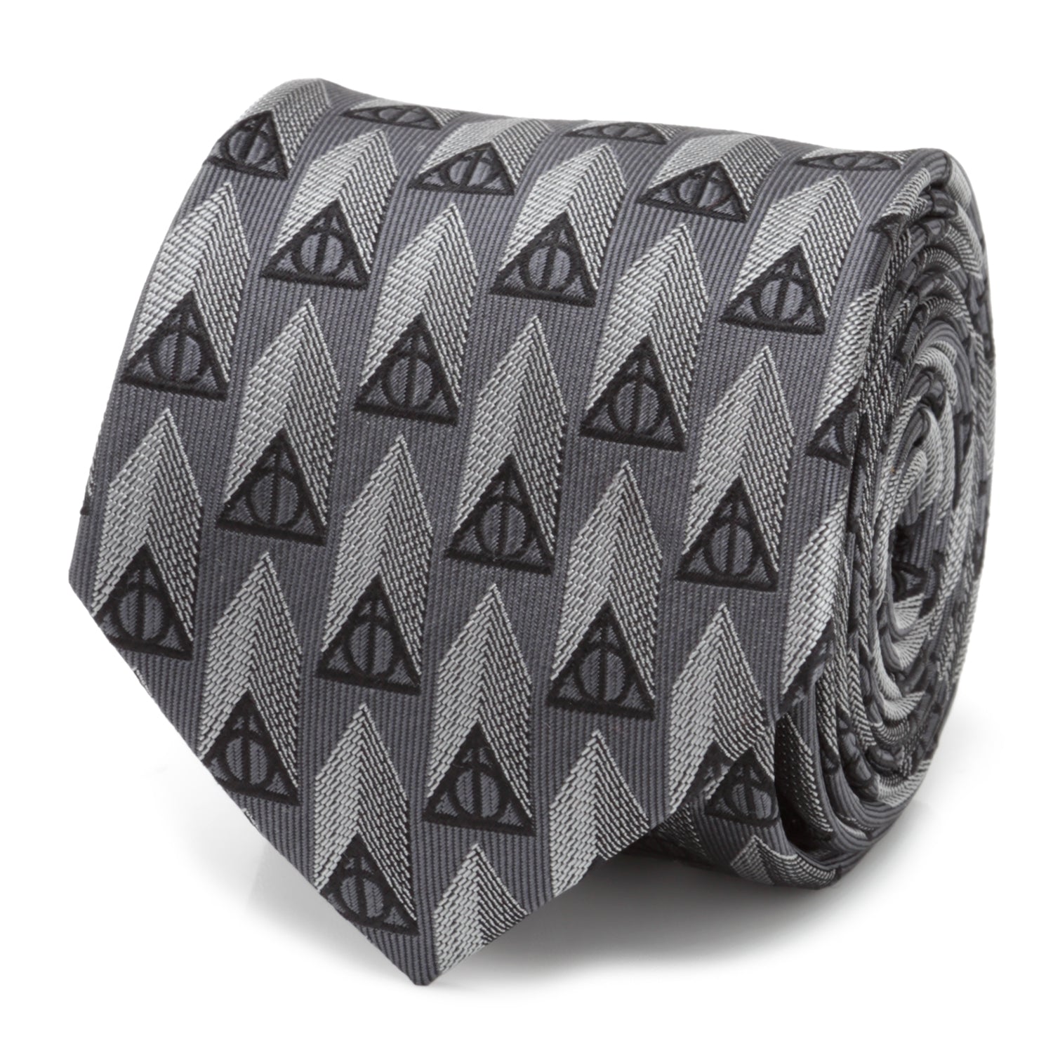 Close up of a gray silk necktie featuring a repeating black Deathly Hallows symbol pattern.