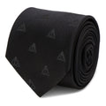 A black silk necktie featuring a subtle, repeating pattern of the Harry Potter Deathly Hallows symbol on a mannequin.