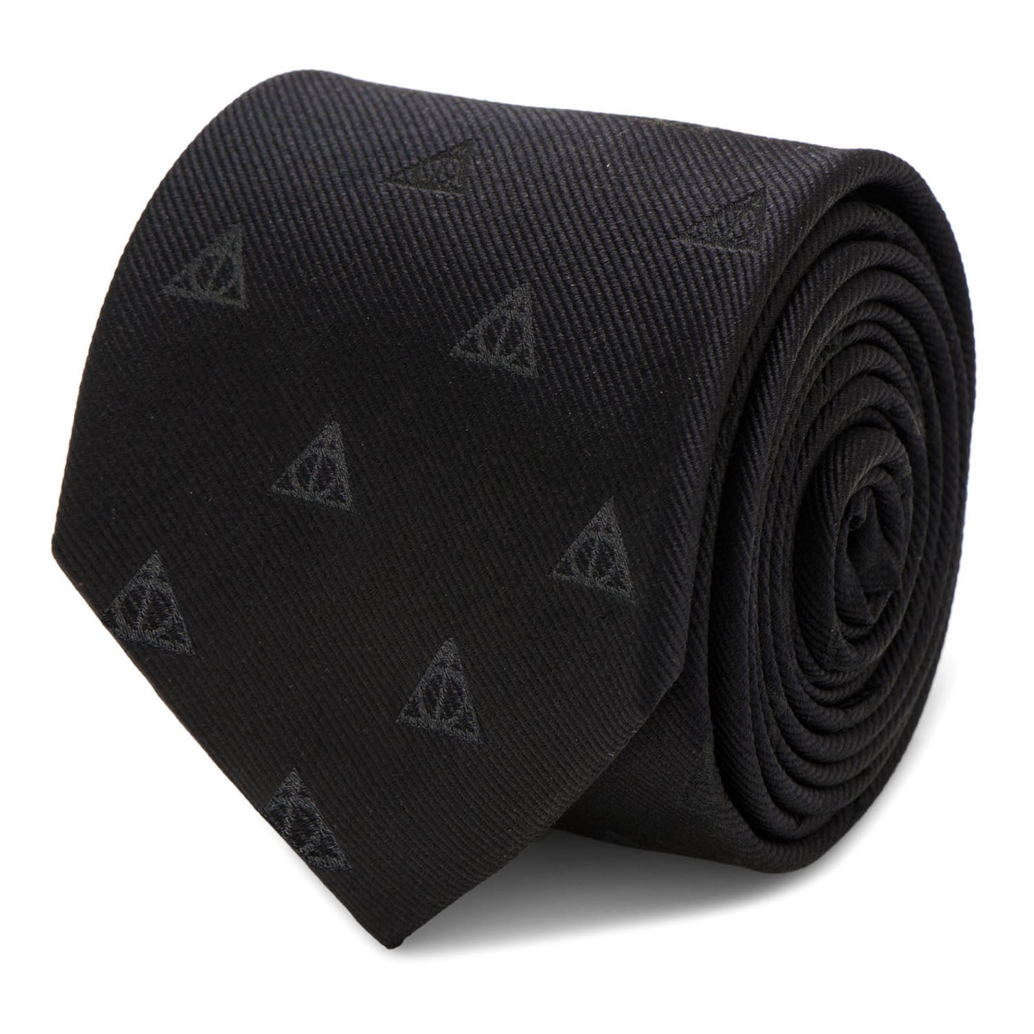 A black silk necktie featuring a subtle, repeating pattern of the Harry Potter Deathly Hallows symbol on a mannequin.