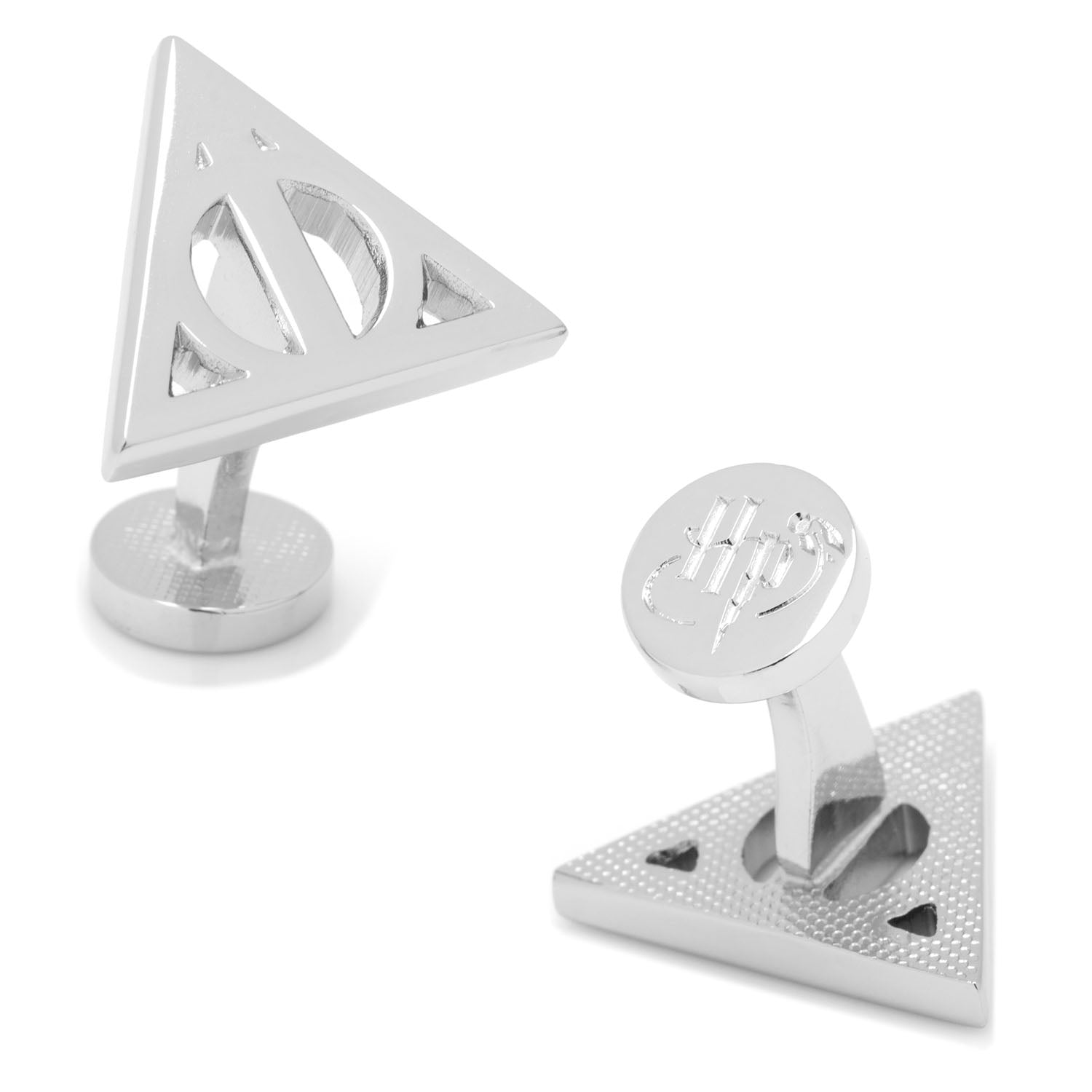 A pair of silver-toned Harry Potter Deathly Hallows cufflinks showing the triangular symbol and the HP logo on the back