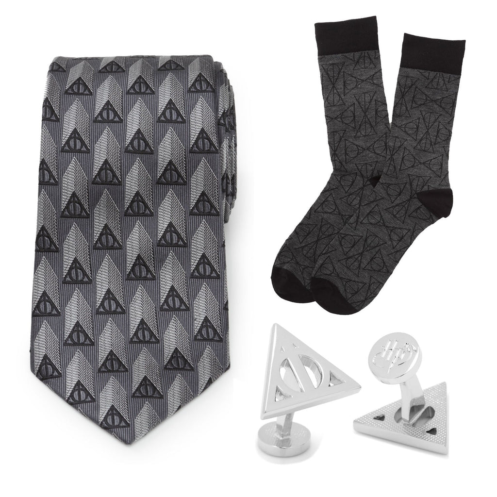Harry Potter Deathly Hallows themed gift set featuring a gray silk necktie, matching socks, and silver-toned cufflinks in a gift box.