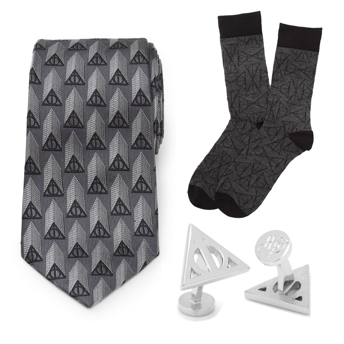 Harry Potter Deathly Hallows themed gift set featuring a gray silk necktie, matching socks, and silver-toned cufflinks in a gift box.