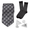 Harry Potter Deathly Hallows themed gift set featuring a gray silk necktie, matching socks, and silver-toned cufflinks in a gift box.