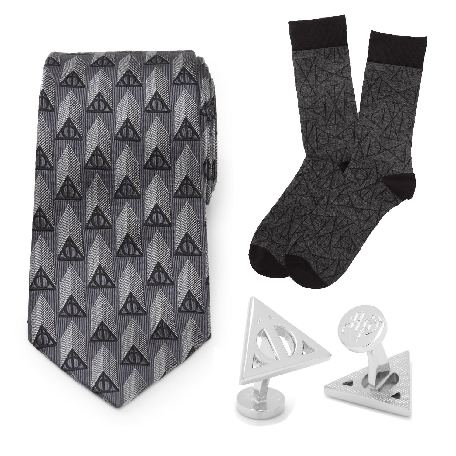 Harry Potter Deathly Hallows themed gift set featuring a gray silk necktie, matching socks, and silver-toned cufflinks in a gift box.