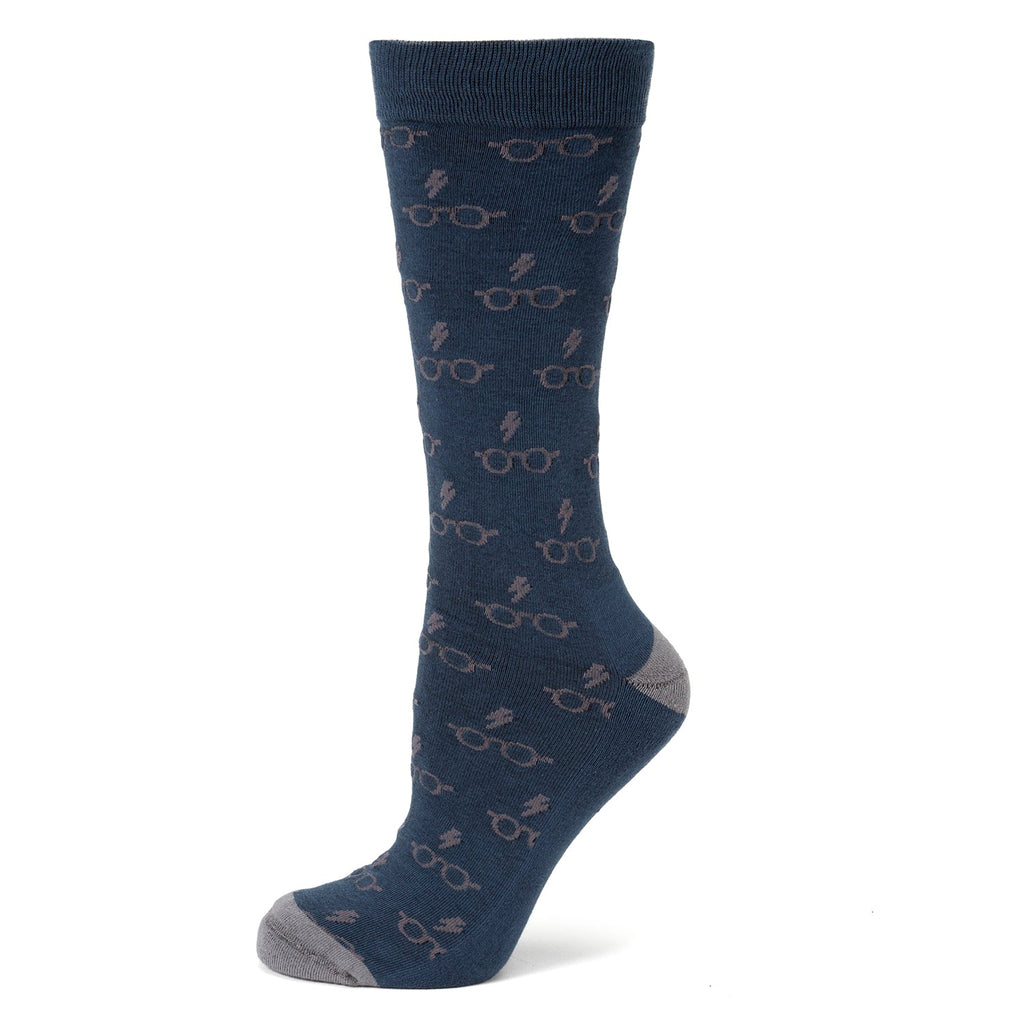 A pair of navy blue men's crew socks featuring a repeated pattern of Harry Potter's glasses and lightning bolt scars, with gray heel and toe accents.