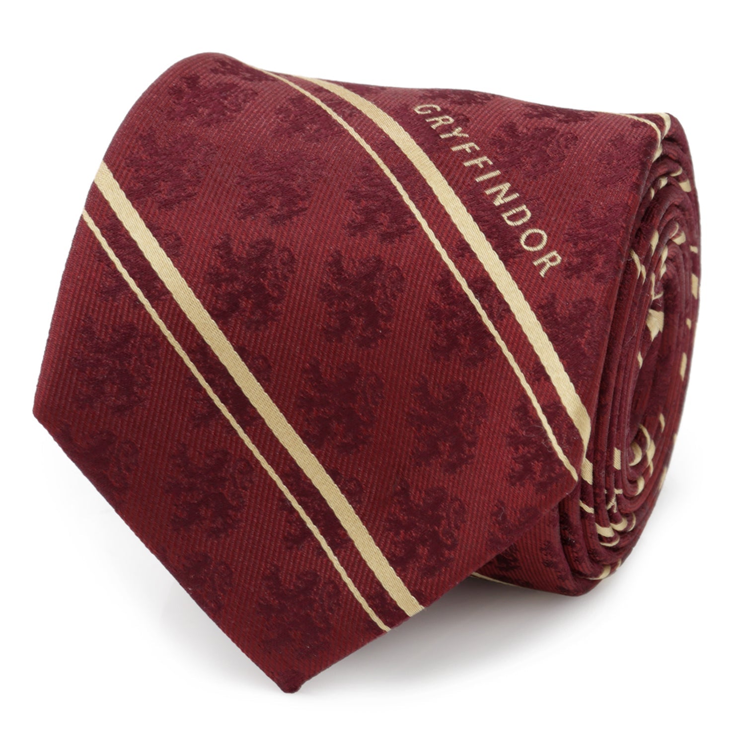 Close up of a maroon silk Harry Potter Gryffindor tie with gold stripes and lion pattern