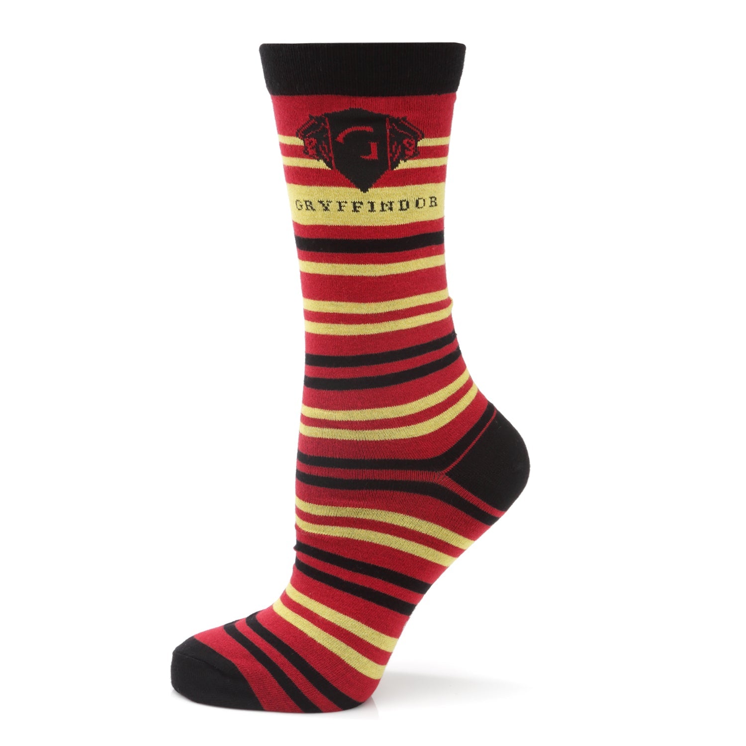 A pair of Harry Potter Gryffindor crew socks with horizontal stripes in red, gold, and black with a woven house crest at the top.