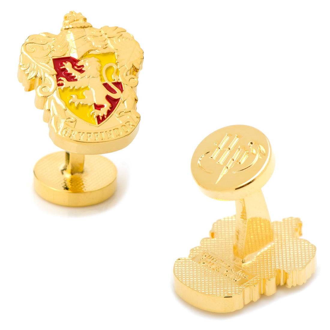 Close up of gold Harry Potter Gryffindor crest cufflinks with red and yellow enamel details