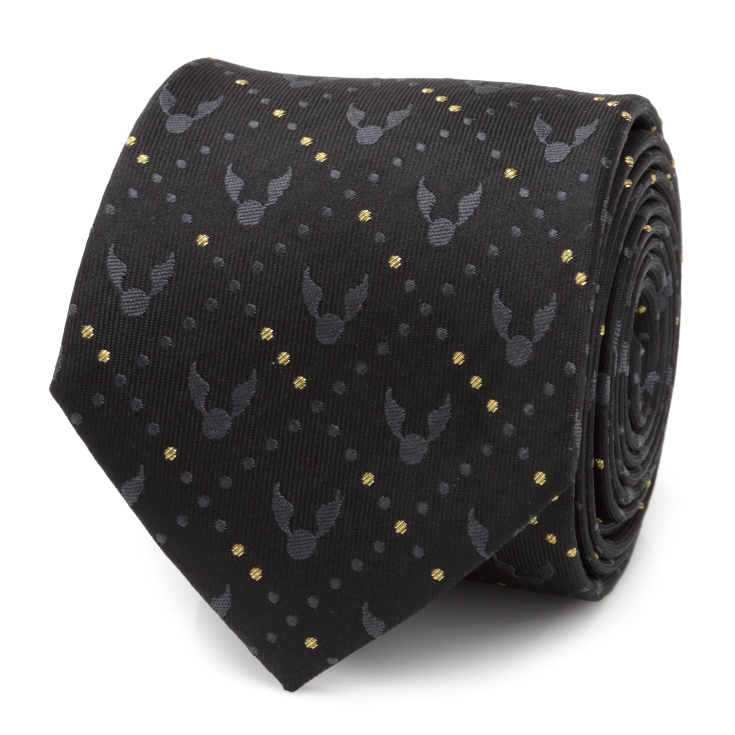 A rolled black silk necktie featuring a repeating Golden Snitch pattern and gold dot accents from Harry Potter.