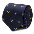Close up and worn view of a navy blue silk necktie with a repeating Harry Potter golden snitch and lightning bolt pattern.