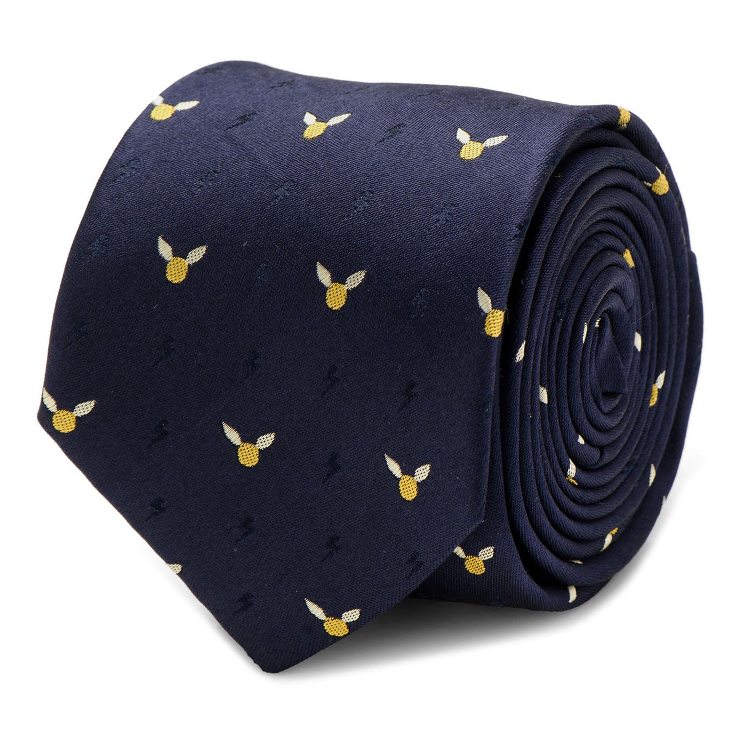 Close up and worn view of a navy blue silk necktie with a repeating Harry Potter golden snitch and lightning bolt pattern.