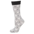 A pair of light gray Harry Potter crew socks with a white Golden Snitch pattern and dark gray cuffs