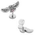 Harry Potter Hedwig owl cufflinks in silver plated metal showing the detailed owl design and logo stamped backings.