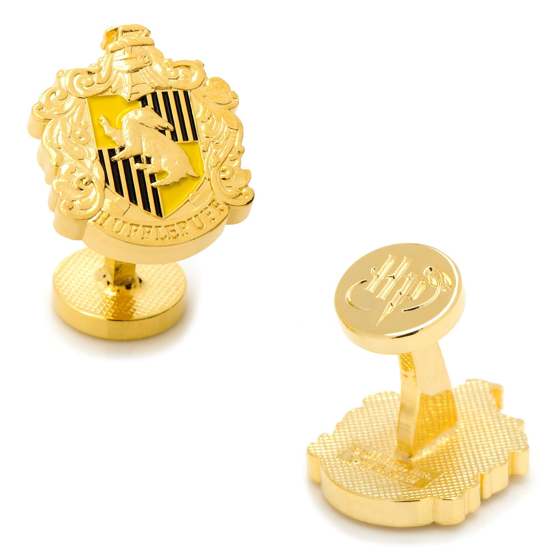 A pair of gold Harry Potter Hufflepuff crest cufflinks featuring black and yellow enamel accents and a badger emblem.