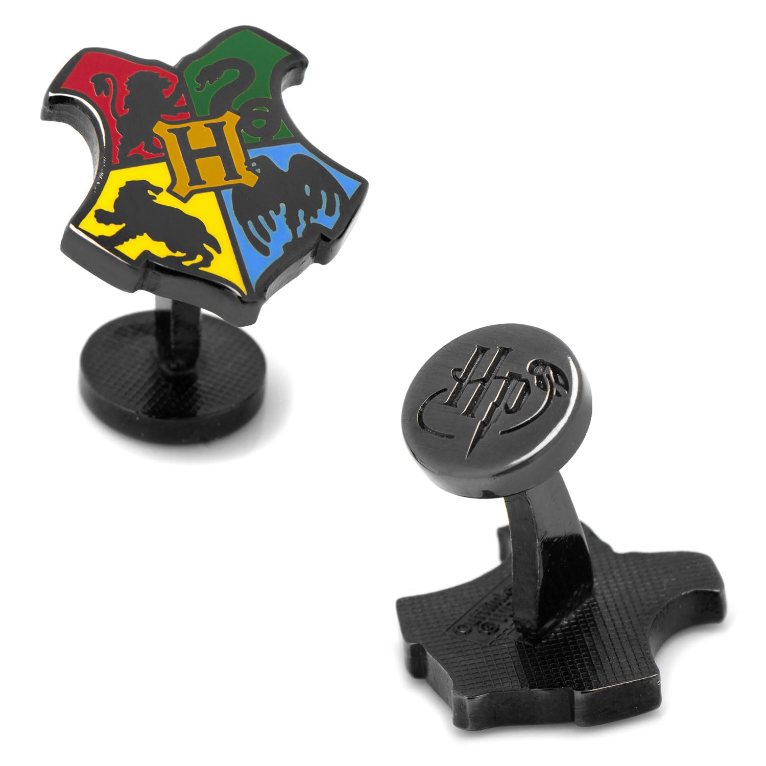 Close up of Harry Potter Hogwarts shield crest cufflinks featuring colorful house emblems on a black plated metal background.