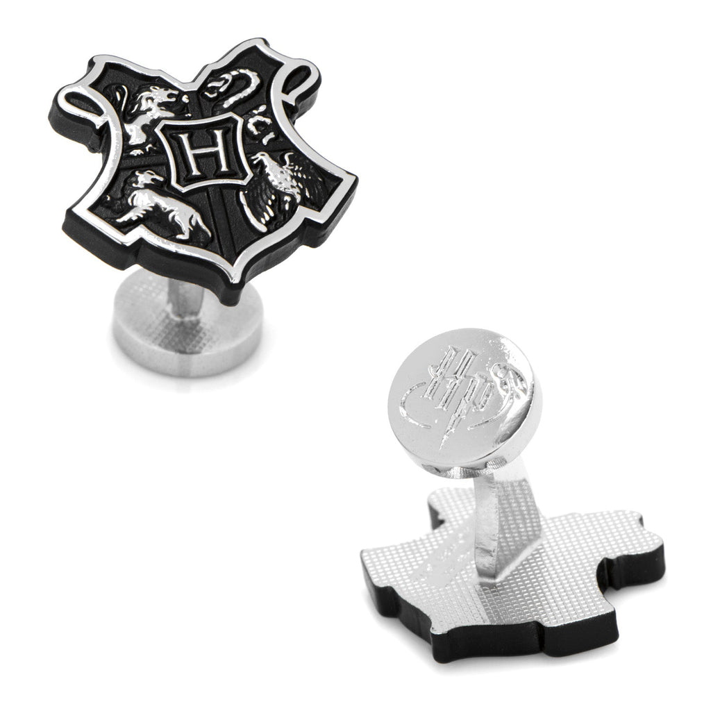 A pair of Hogwarts Crest Cufflinks featuring a black and silver 3D design of the school crest.