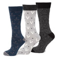 A 3-pack Harry Potter crew sock gift set featuring one pair of navy socks with glasses and scar, light grey with snitches, and dark grey with Deathly Hallows symbols.