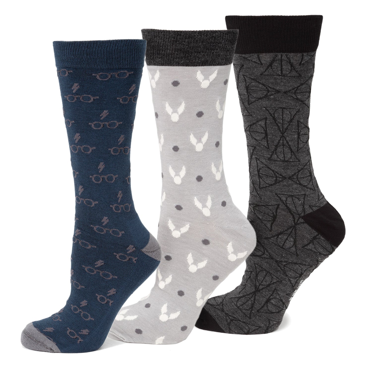 A 3-pack Harry Potter crew sock gift set featuring one pair of navy socks with glasses and scar, light grey with snitches, and dark grey with Deathly Hallows symbols.