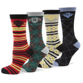 A gift set of four Harry Potter crew socks featuring the colors and crests of Gryffindor, Slytherin, Hufflepuff, and Ravenclaw.