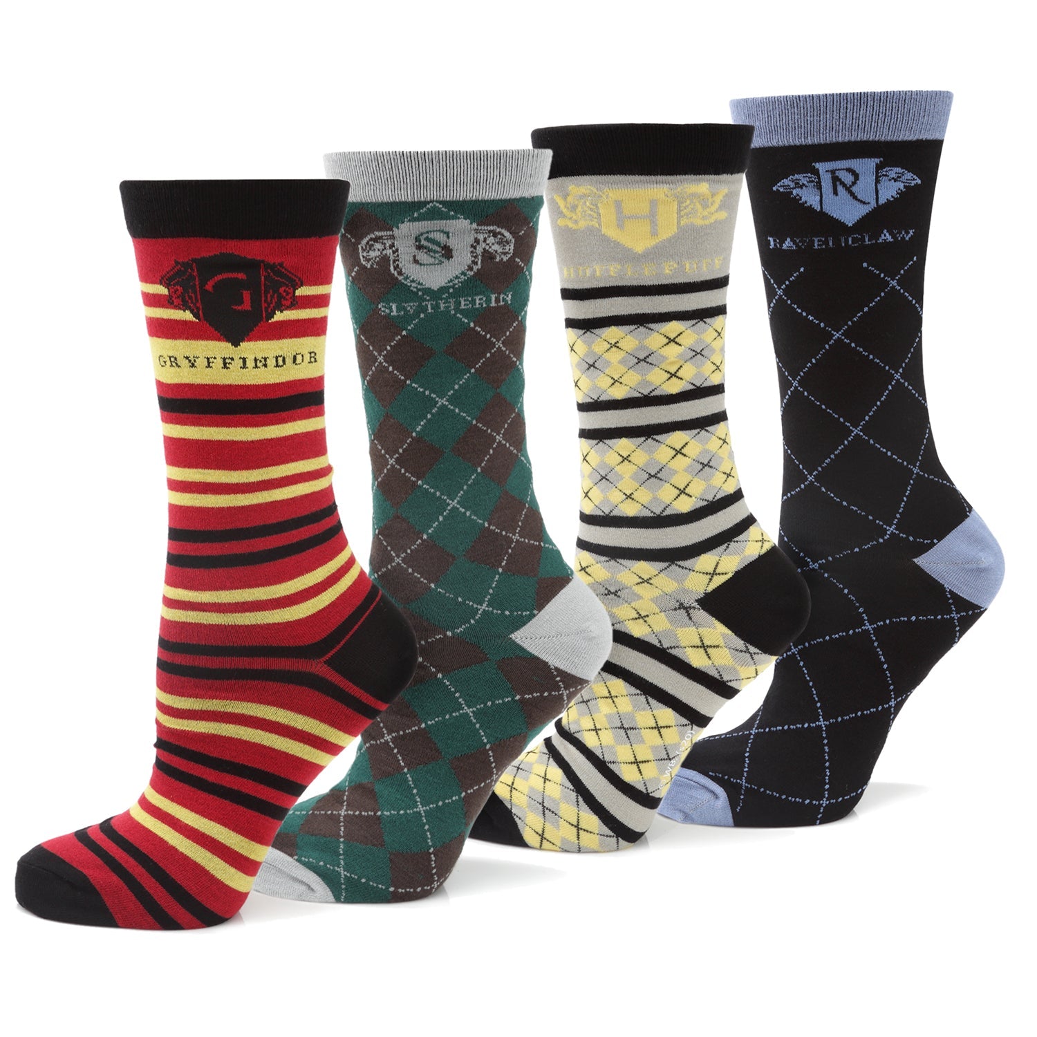 A gift set of four Harry Potter crew socks featuring the colors and crests of Gryffindor, Slytherin, Hufflepuff, and Ravenclaw.
